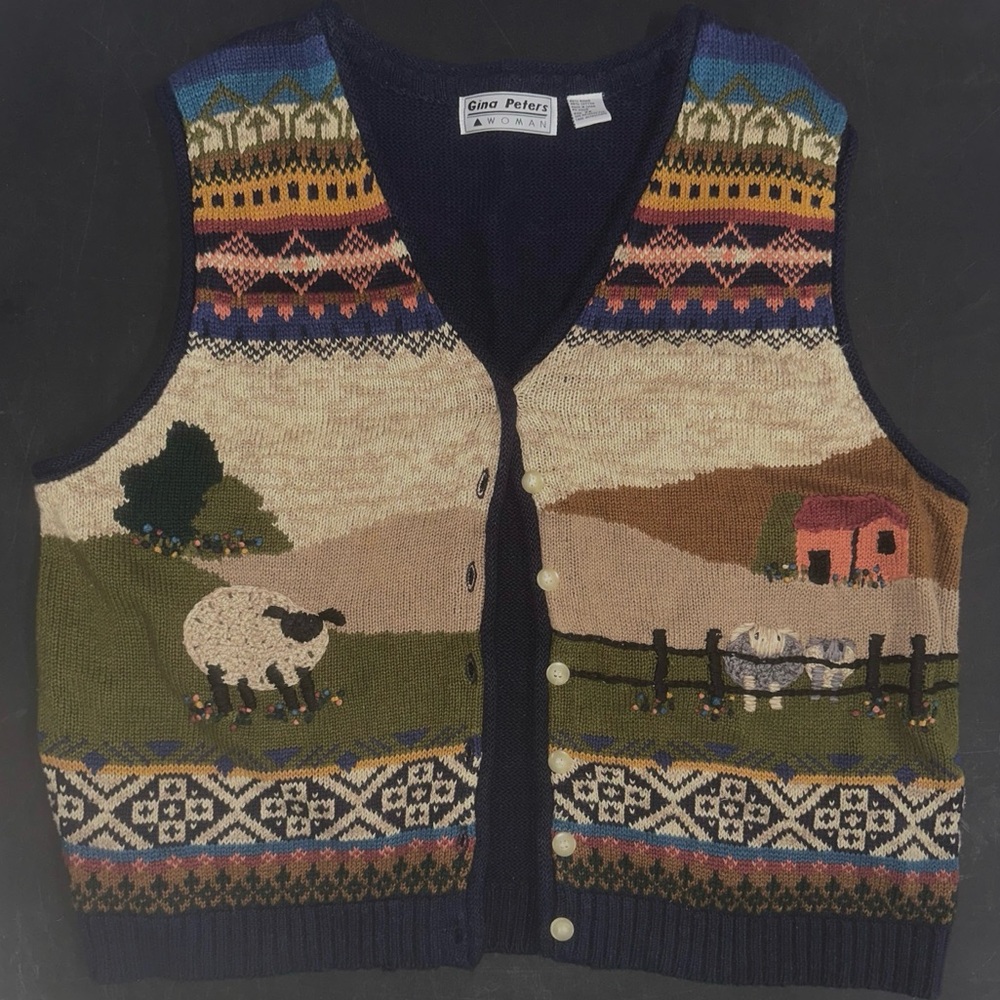Vintage Multicolored sheep farm knit sweater vest